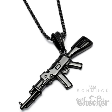 Schwarze Kalaschnikow AK-47 Anhänger aus Edelstahl mit Halskette Maschinengewehr Schmuck