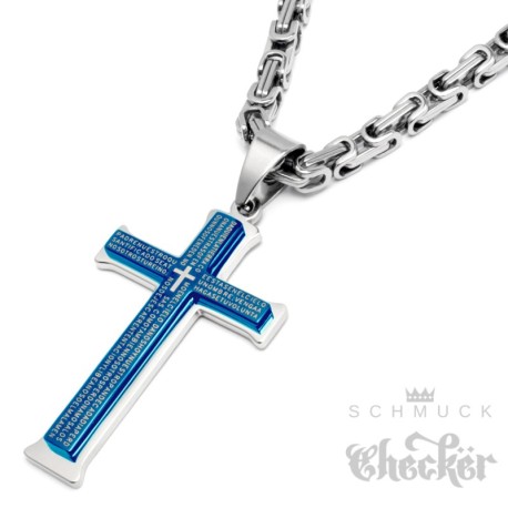 Kreuz aus Edelstahl mit Königskette in silber & blau Anhänger Herren Kette Halskette