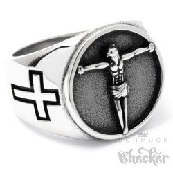 Jesus Ring mit 2 Kreuzen aus Edelstahl Christlicher Bikerring Kreuz silber massiv