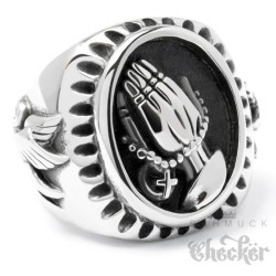 Betende Hände mit Rosenkranz & Friedenstauben auf Christlichem Ring Edelstahl