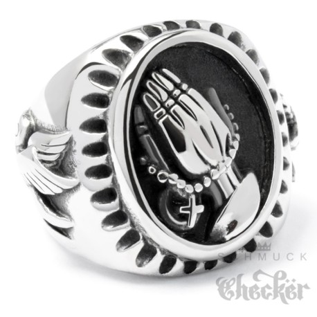 Betende Hände mit Rosenkranz & Friedenstauben auf Christlichem Ring Edelstahl