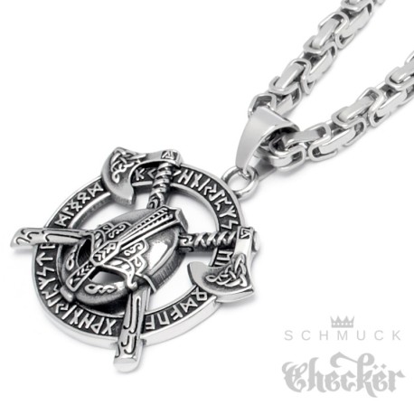 Berserker Anhänger Wikingerhelm Streitäxte Runen-Kranz Edelstahl Kette Königskette