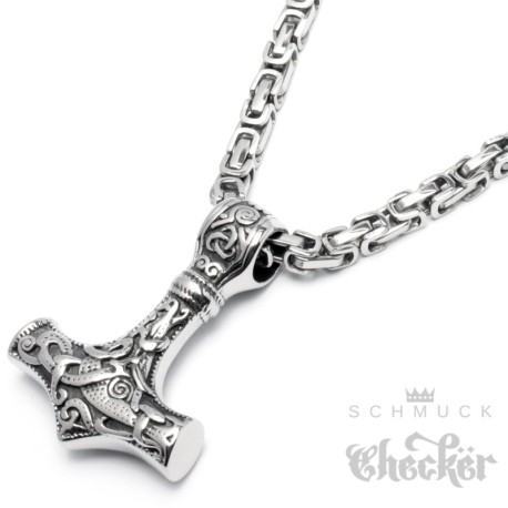 Thors Hammer Mjölnir aus Edelstahl mit Halskette Königskette Herren Wikingerschmuck