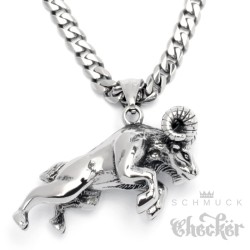 Massiver Widder aus Edelstahl mit Panzerkette Halskette Sternzeichen Anhänger silber