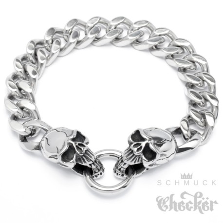 Totenkopf Panzerarmband mit Ringverschluss 316L Edelstahl silber Skull Bikerarmband