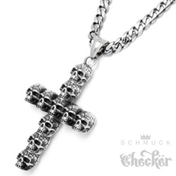 Totenkopf Kreuz aus massivem Edelstahl silber Skull Cross Anhänger mit Halskette