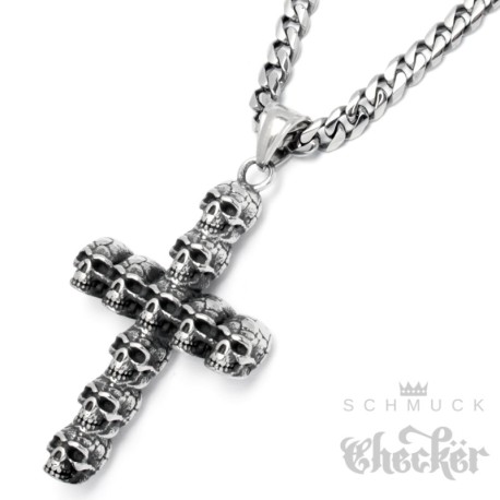 Totenkopf Kreuz aus massivem Edelstahl silber Skull Cross Anhänger mit Halskette