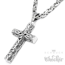 Großes verziertes Kreuz aus Edelstahl silber Bikerkreuz Anhänger mit Königskette