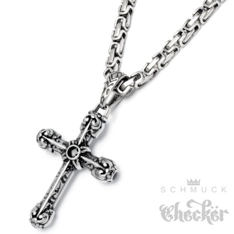 Verzierter Kreuzanhänger aus Edelstahl silber schwarz Königskette Biker Herren