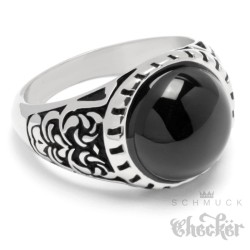 Verzierter Ring mit rundem Onyx Stein schwarz silber Edelstahl Damen Herren Muster
