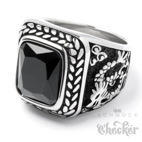 Herrenring mit Onyx Stein & Drache silber schwarz Edelstahl Bikerring Geschenk