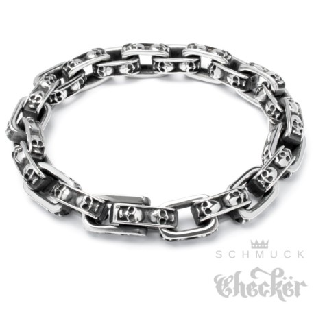 Totenkopfarmband aus massivem 316L Edelstahl Herren Biker Armkette silber Skulls