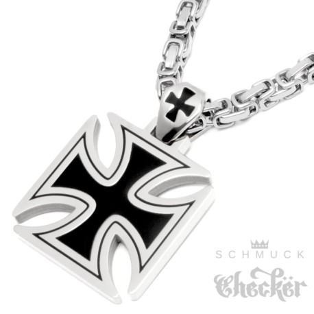 Edelstahl Anhänger Eisernes Kreuz schwarz silber massiv + 60cm Königskette Biker