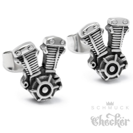 V2 Motorblock Ohrstecker aus 316L Edelstahl Bikerschmuck silber hochwertige Ohrringe