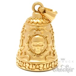 Vergoldete Live to Ride Biker-Bell aus Edelstahl Totenkopf Skull Glücksglocke gold