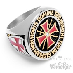 Hochwertiger Templer Ring aus Edelstahl Tempelritter Siegelring mit rotem Kreuz