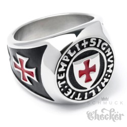 Hochwertiger Templer Ring aus Edelstahl Templerorden Siegelring mit rotem Kreuz