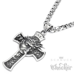 Jesus mit Dornenkrone Kreuz Anhänger aus Edelstahl INRI silber Kette Panzerkette