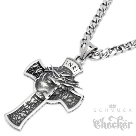 Jesus mit Dornenkrone Kreuz Anhänger aus Edelstahl INRI silber Kette Panzerkette