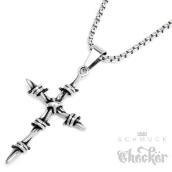 Kleines Stacheldraht Kreuz aus Edelstahl Anhänger mit Halskette Herren Geschenk