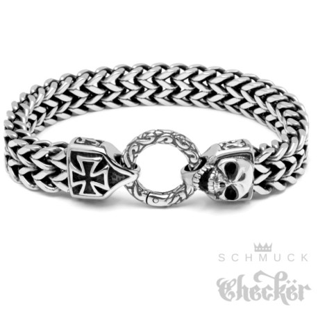 Bikerarmband mit Skull und Eisernem Kreuz aus 316L Edelstahl Totenkopf Armkette