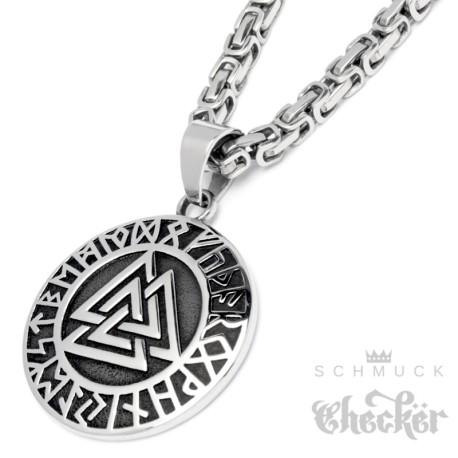 Massives Valknut-Amulett aus Edekstahl mit Halskette Schutzrunen Wikingerschmuck
