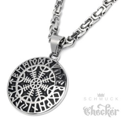 Massives Aegishjalmur-Amulett aus Edekstahl mit Halskette Schutzrunen Wikinger
