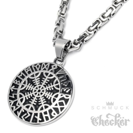 Massives Aegishjalmur-Amulett aus Edekstahl mit Halskette Schutzrunen Wikinger