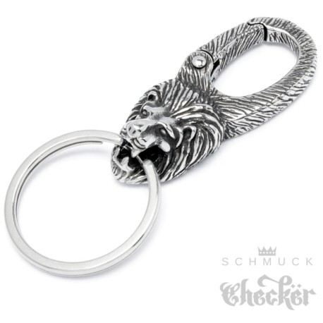 Löwe Karabinerhaken aus Edelstahl Schlüsselring Biker Schlüsselanhänger silber 3D