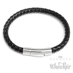 Schwarzes Lederarmband 6mm Ø geflochtenes Herren-Armband silber Edelstahl Schließe