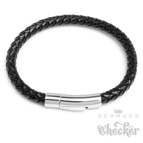 Schwarzes Lederarmband 6mm Ø geflochtenes Herren-Armband silber Edelstahl Schließe