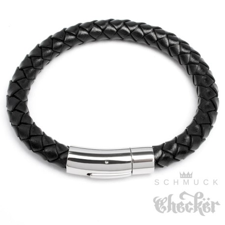Schwarzes Lederarmband 8mm Ø Herren-Armband geflochten silber Edelstahl Verschluss