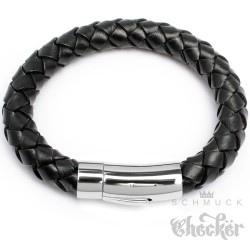 Schwarzes XL Herren-Armband aus Leder 10mm Ø dick groß silber Edelstahl Verschluss