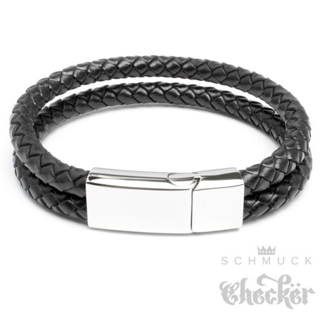 Doppeltes Lederarmband schwarz geflochten Herren-Armband silber Edelstahl Schließe