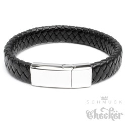 Breites Herren-Armband aus schwarzem Leder geflochten silberner Edelstahlverschluss