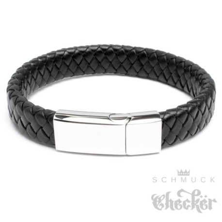 Breites Herren-Armband aus schwarzem Leder geflochten silberner Edelstahlverschluss