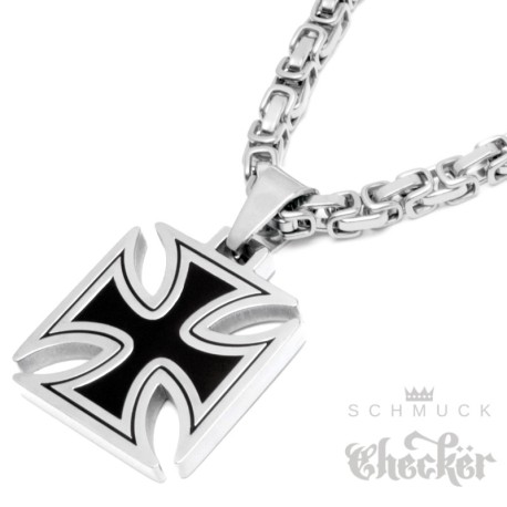 Edelstahl Anhänger Eisernes Kreuz schwarz silber massiv + 60cm Königskette Biker