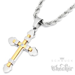 Ausgefallener Kreuz Anhänger silber & gold mit Zirkonia Herren Edelstahl Halskette