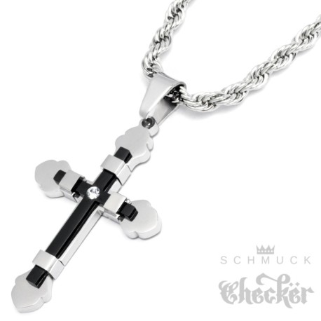 Kreuz Anhänger silber & blau mit Zirkon + 60cm Königskette Herren Edelstahl Halskette