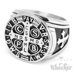 Siegelring mit Benediktus-Kreuz aus massivem Edelstahl Schutzamulett Bikerring