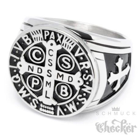 Siegelring mit Benediktus-Kreuz aus massivem Edelstahl Schutzamulett Bikerring