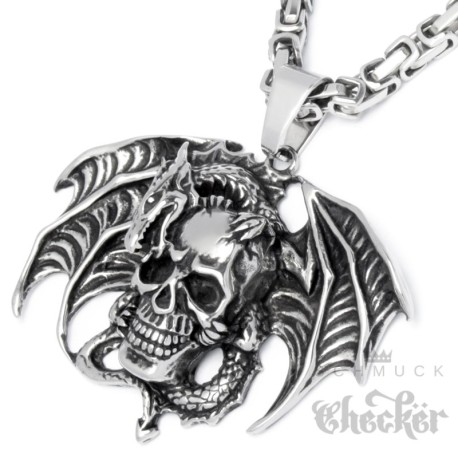 Teufel Anhänger mit Königskette aus Edelstahl Horror Totenkopf Dämon Bikerschmuck