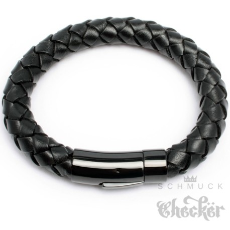 Echt Leder Herren Armband geflochten schwarz Edelstahl Schließe Hochwertig XL