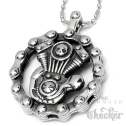 Edelstahl Anhänger V2 Motor Engine Totenkopf Motorradkette silber Bikerschmuck