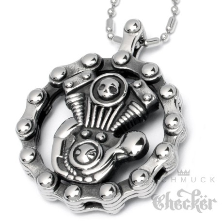 Edelstahl Anhänger V2 Motor Engine Totenkopf Motorradkette silber Bikerschmuck