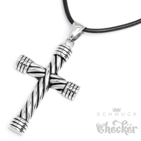 Edelstahl Herren Kreuz Anhänger hochwertig silber massiv + 1m Lederband Biker