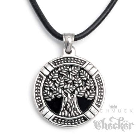 Edelstahl Anhänger Baum Medaillon nordisch silber detailliert 1m Lederband Biker