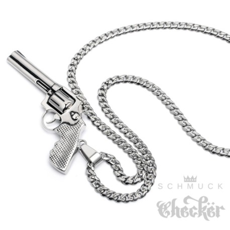 Edelstahl Anhänger Pistole Revolver Colt Python + 60cm Panzerkette