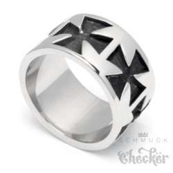 Großer Bikerring mit Eisernen Kreuzen aus Edelstahl silber Iron Crosses Bandring
