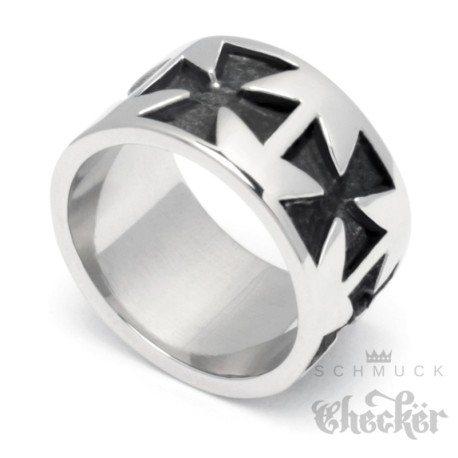 Großer Bikerring mit Eisernen Kreuzen aus Edelstahl silber Iron Crosses Bandring